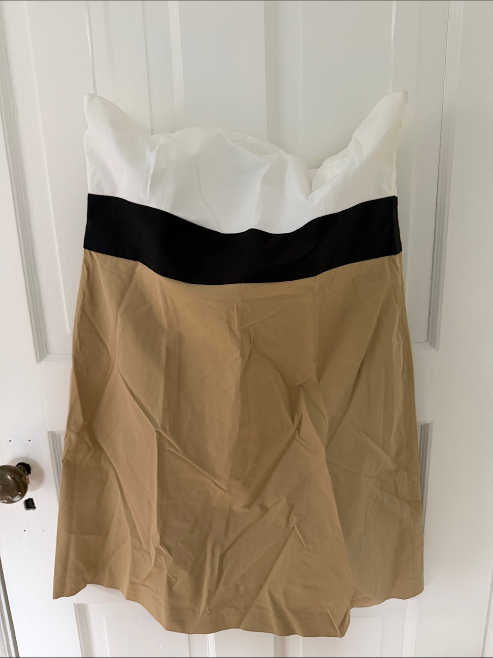 Theory Strapless Colorblock Dress in White, Black & Khaki